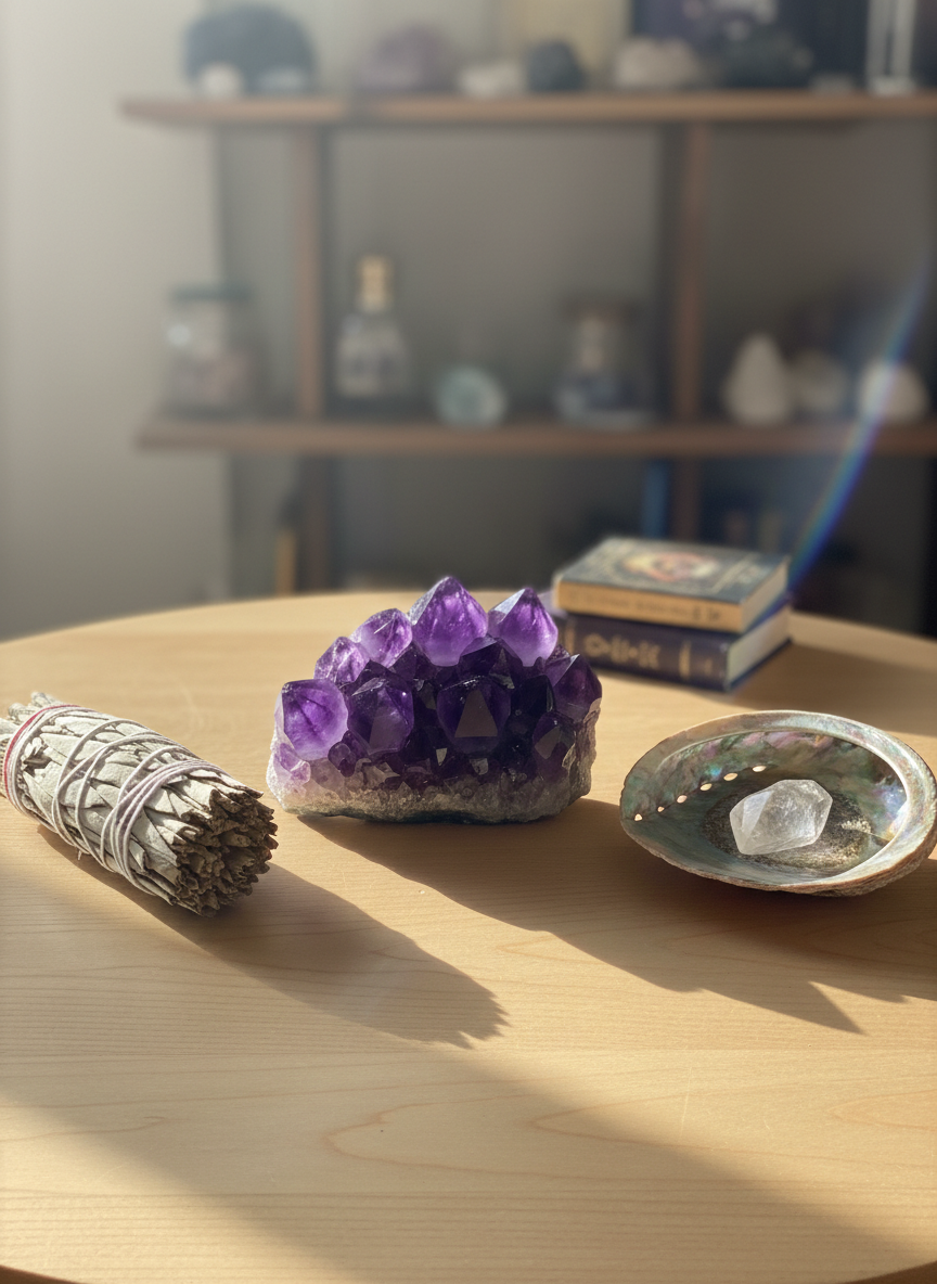 A polished amethyst crystal cluster with deep violet points catching the light, resting on a smooth, pale wooden altar table. Around it lie a neatly arranged white sage bundle, a small abalone shell, and a clear quartz point, all carefully spaced to feel intentional and balanced. Soft, diffused afternoon sunlight filters through an unseen window, creating gentle reflections and subtle prismatic flares on the tabletop. The background is softly blurred, hinting at shelves lined with more crystals and elegant glass jars. Photographed at eye level with a shallow depth of field, in clean, photographic realism, the mood is serene, sophisticated, and spiritually uplifting, ideal for a Reiki-centered healing space.