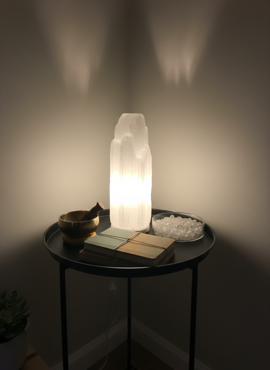 A serene altar corner featuring a large selenite tower lamp emitting a gentle, milky white glow from within, placed on a matte black metal side table. Surrounding the lamp are neatly arranged items: a small brass singing bowl, a stack of two linen-bound journals in muted sage and sand tones, and a delicate glass dish filled with tiny clear quartz chips. The wall behind is a soft, warm grey, with faint shadows created by the lamp’s light. Ambient evening lighting is low, allowing the selenite’s glow to softly illuminate the scene. Shot at eye level with moderate depth of field in clean, photographic realism, the mood is contemplative, refined, and perfect for a Reiki and meditation setting.