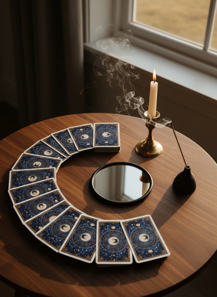 A refined tarot and oracle card reading setup on a dark walnut table, with a single deck fanned in a near-perfect arc, card backs showing an intricate celestial design in navy, gold, and white. Beside the cards sits a slender brass candleholder with a lit ivory candle, its flame reflected in a small, round obsidian mirror lying flat nearby. Wisps of incense smoke curl upward from a minimalist black ceramic holder. The scene is lit by soft, golden hour window light from the right, with subtle shadows and a calm, intimate glow. Photographed from above with meticulous composition and sharp focus, the photographic style feels mystical yet polished, ideal for representing guidance readings.