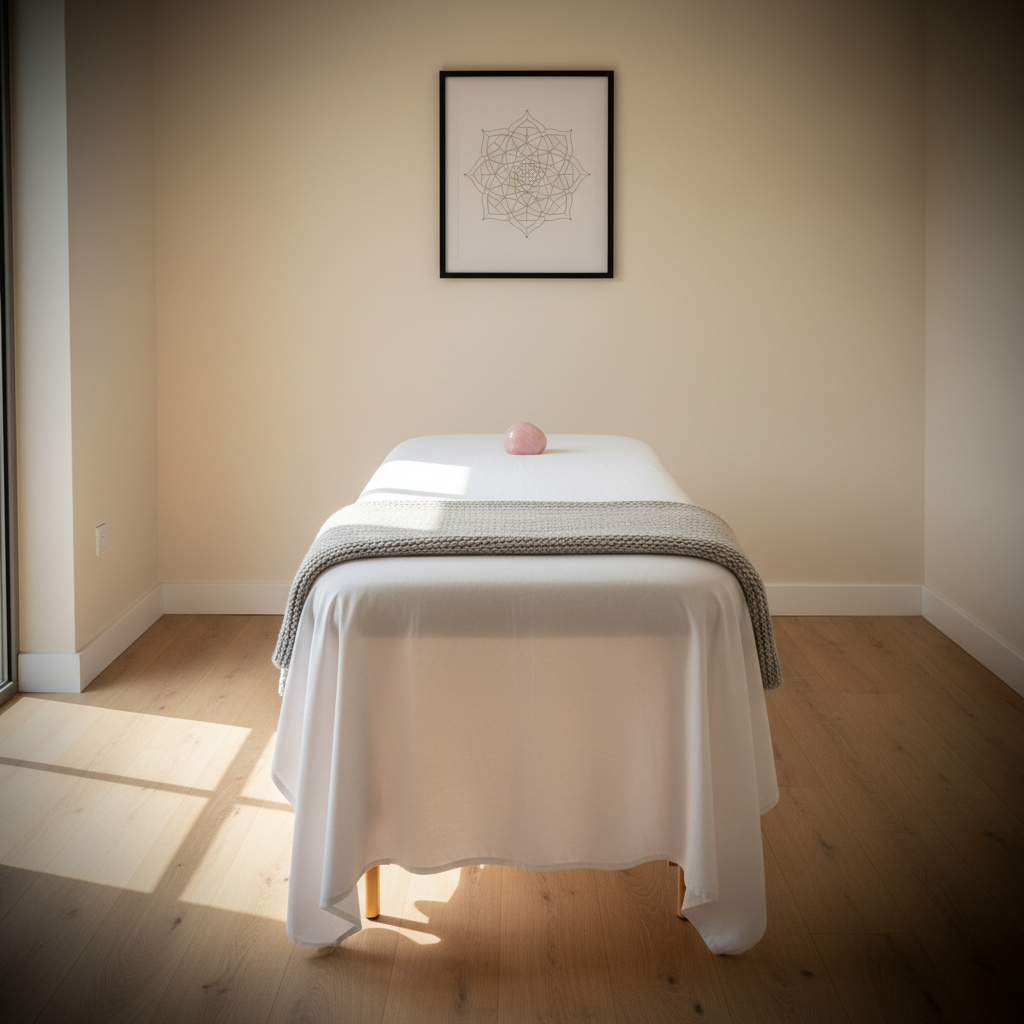 A minimalist Reiki treatment table draped in pristine white linen, topped with a neatly folded dove-grey blanket and a single smooth rose quartz palm stone centered at the head. The table stands in a tranquil room with light oak floors and a soft ivory wall, where a simple framed geometric mandala hangs in the background. Warm, indirect natural light streams in from the left, casting gentle, elongated shadows and a calming glow. Shot from a slightly elevated angle with balanced composition and subtle vignetting, the photographic image feels clean, refined, and deeply peaceful, evoking a high-end, sophisticated energy healing environment without any human presence.