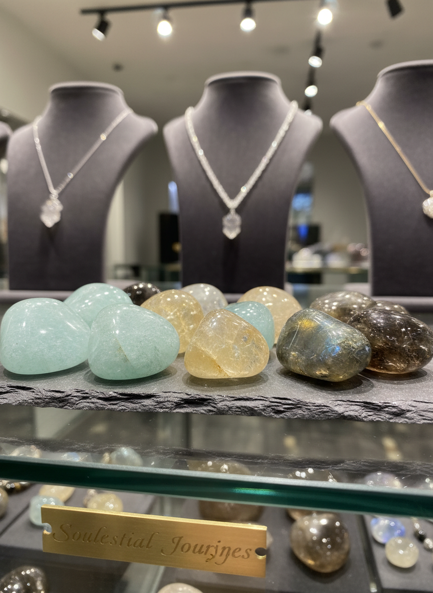 An elegant arrangement of tumbled crystals—aquamarine, citrine, labradorite, and smoky quartz—displayed on a dark slate tray atop a glass display counter in a boutique shop. Each stone has distinct textures and hues, their polished surfaces reflecting tiny pinpoints of light. Behind them, in soft focus, stand vertical displays of crystal bracelets and necklaces on charcoal velvet busts and stands, suggesting a curated retail space. Overhead track lighting produces warm, focused beams, creating rich highlights and delicate shadows that emphasize clarity and color. Captured at a low, close-up angle in photographic realism, the mood is luxurious, mystical, and sophisticated, inviting viewers into the refined crystal shop of Soulestial Journeys.