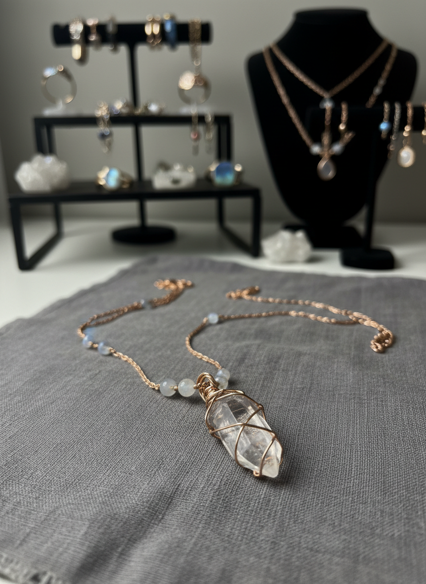 A close-up of a handcrafted crystal pendant necklace featuring a clear quartz point wrapped in delicate rose gold wire, suspended from a fine chain that spills gracefully across a charcoal linen display cloth. Tiny labradorite and moonstone beads accent the chain, catching glints of light with subtle iridescence. In the softly blurred background, more crystal jewelry rests on tiered stands, hinting at a curated boutique. Directional softbox lighting from the upper left creates crisp highlights along the facets of the quartz and gentle shadows in the fabric folds. Captured in photographic realism with a shallow depth of field and a rule-of-thirds composition, the atmosphere is elegant, modern, and spiritually attuned.