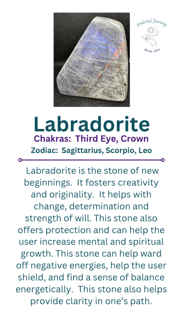 Labradorite, creativity, protection, spiritual growth, new beginnings, clarity