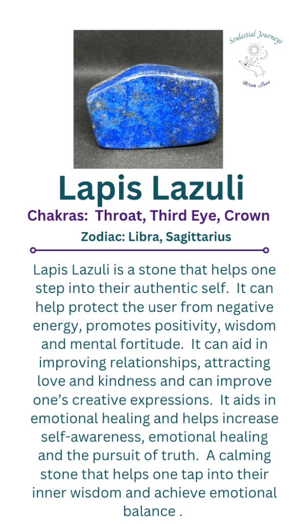 Lapis Lazuli, authenticity, protection, wisdom, improve relationships, creativity, self-awareness, calm, balance
