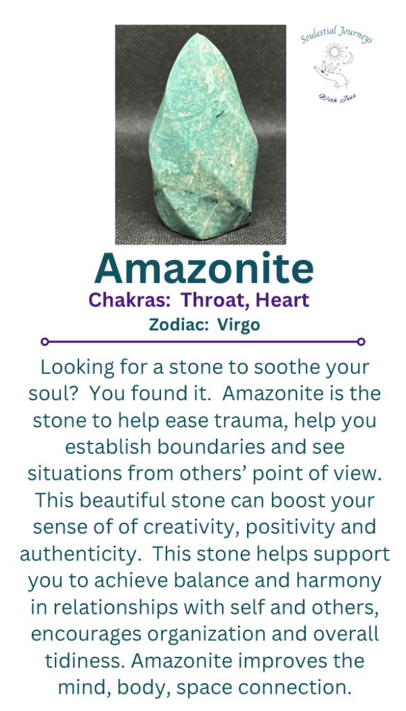 Amazonite, soothing calm, ease trauma, creativity, positivity, authenticity, balance, harmony, organization