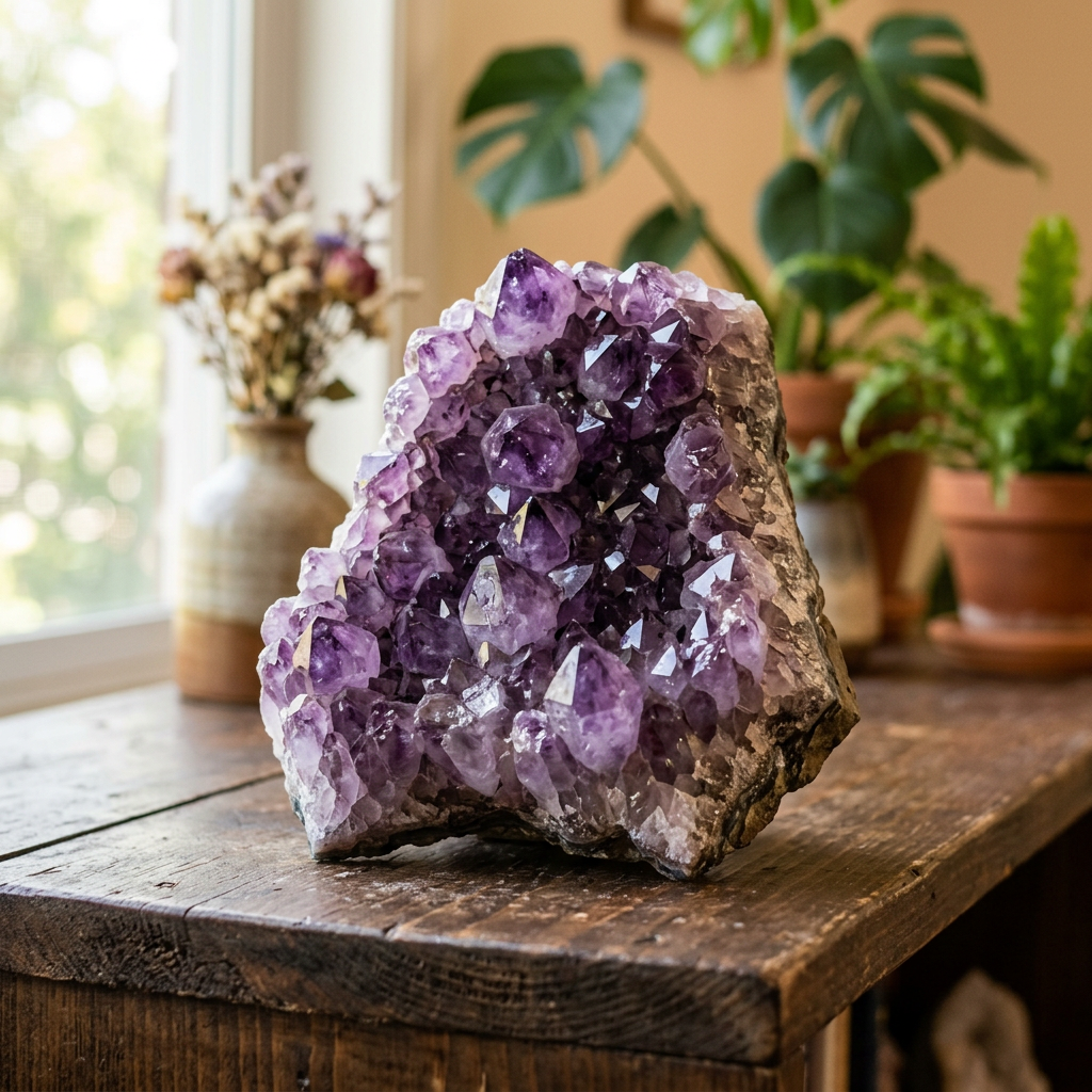 Purple amethyst crystal cluster on wooden table with houseplants in background
