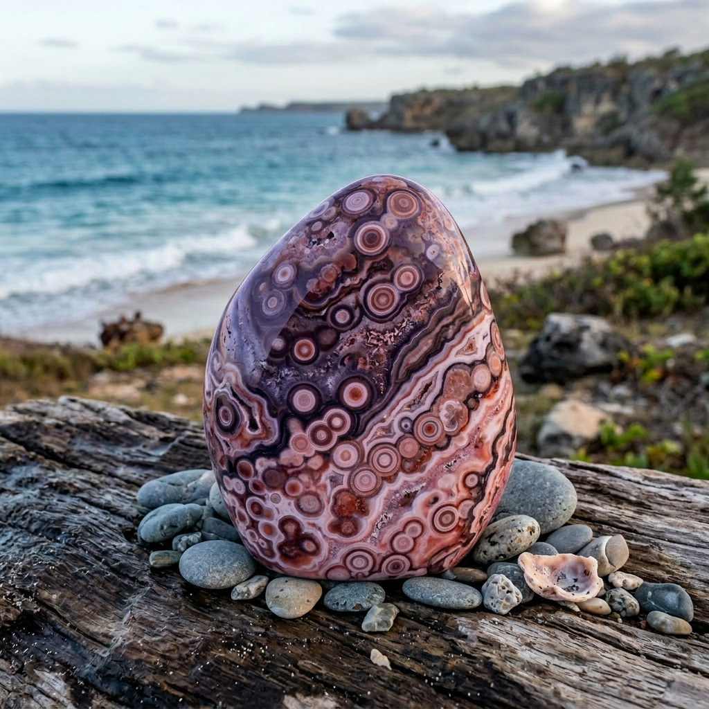 Polished ocean jasper stone with circular patterns on driftwood near shoreline