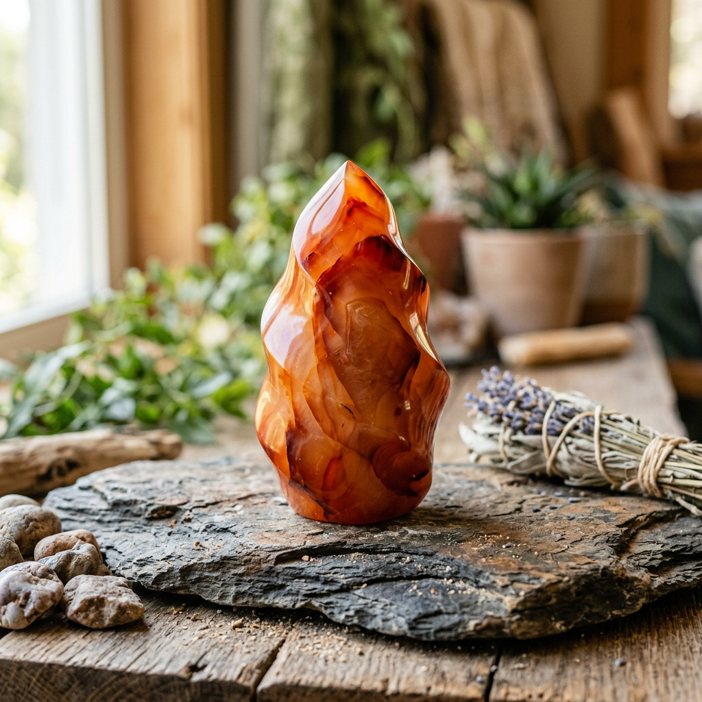 Polished orange and red carnelian crystal on wooden table next to dried lavender bundle and small stones